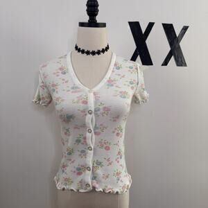 Vintage 60s Pastel Floral Ribbed Knit Button Up Top Fitted Short Sleeve M